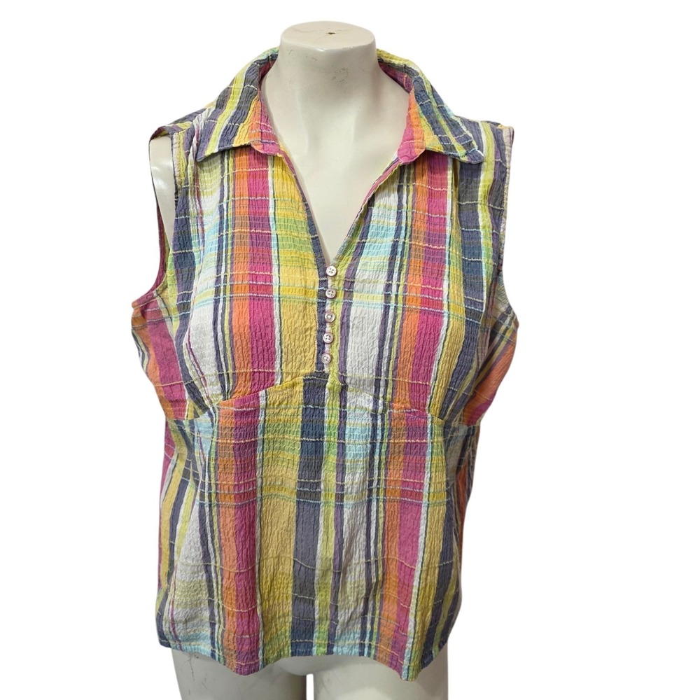 Christopher & Banks Stretch Plaid Seersucker Sleeveless Top Medium Colorful...